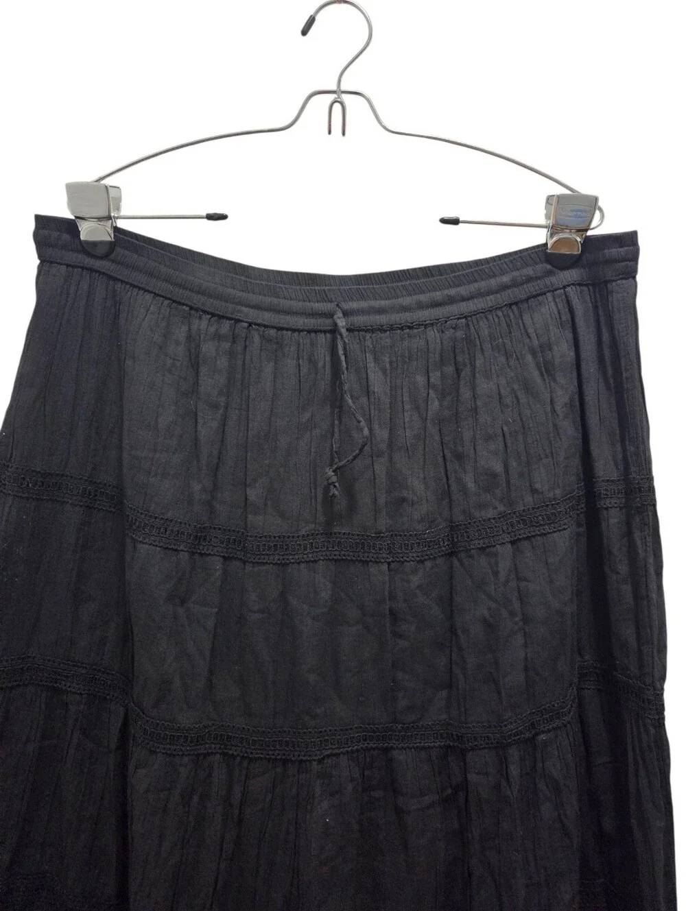 Laddi Black Crinkle Cotton Tiered Midi Skirt Drawstring Waist One Size Boho